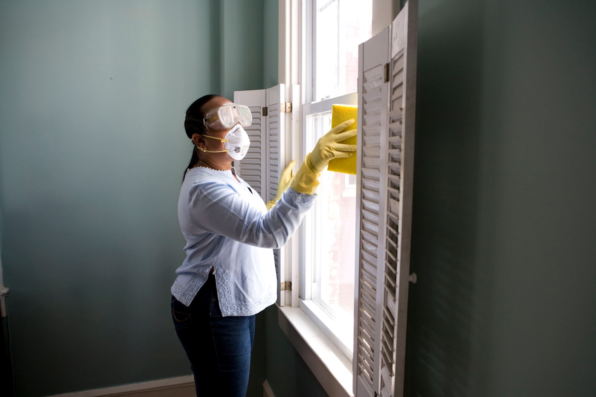 Insured cleaner detailing a window with gloves and protective gear